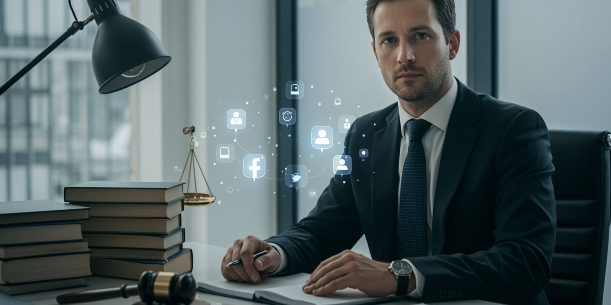 imagen12 1 "Abogado blanco confiado en sus 30s en oficina moderna, con libros de derecho y laptop, especializado en gestión de reputación online y defensa legal en redes sociales."
