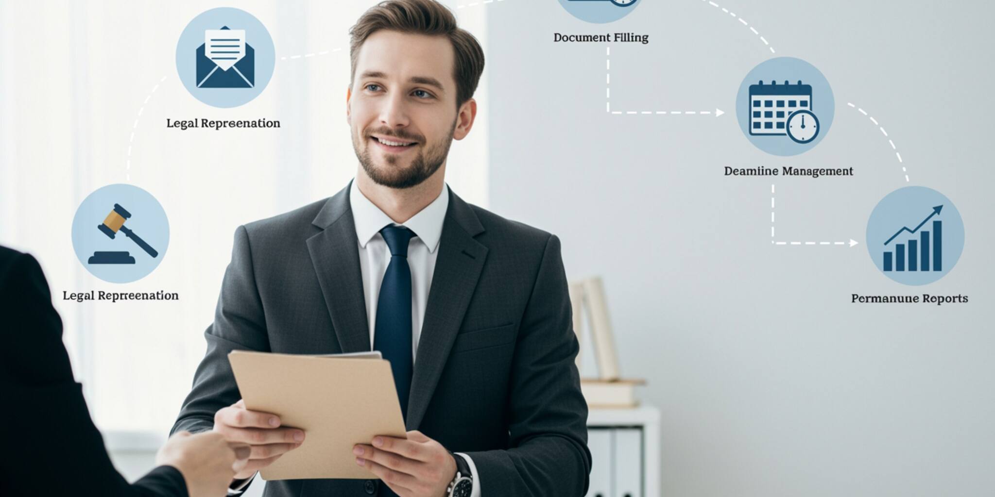 imagen13 2 "Infografía minimalista que muestra a un procurador legal sonriente en traje oscuro, ofreciendo documentos a un cliente, rodeado de íconos de representación legal, gestión de plazos y asesoría permanente, transmitiendo confianza y profesionalismo."