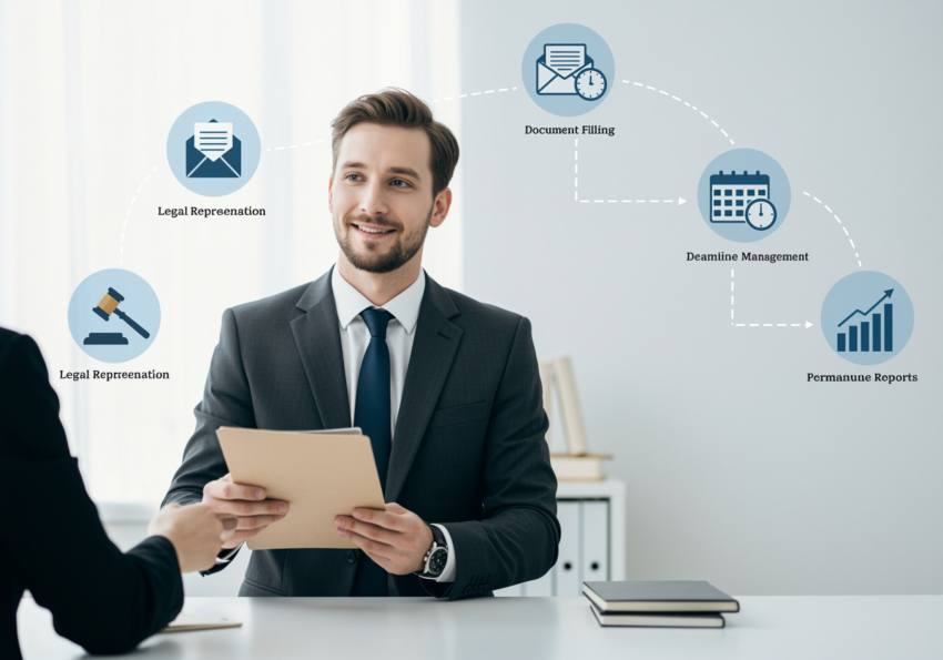 imagen13 2 "Infografía minimalista que muestra a un procurador legal sonriente en traje oscuro, ofreciendo documentos a un cliente, rodeado de íconos de representación legal, gestión de plazos y asesoría permanente, transmitiendo confianza y profesionalismo."