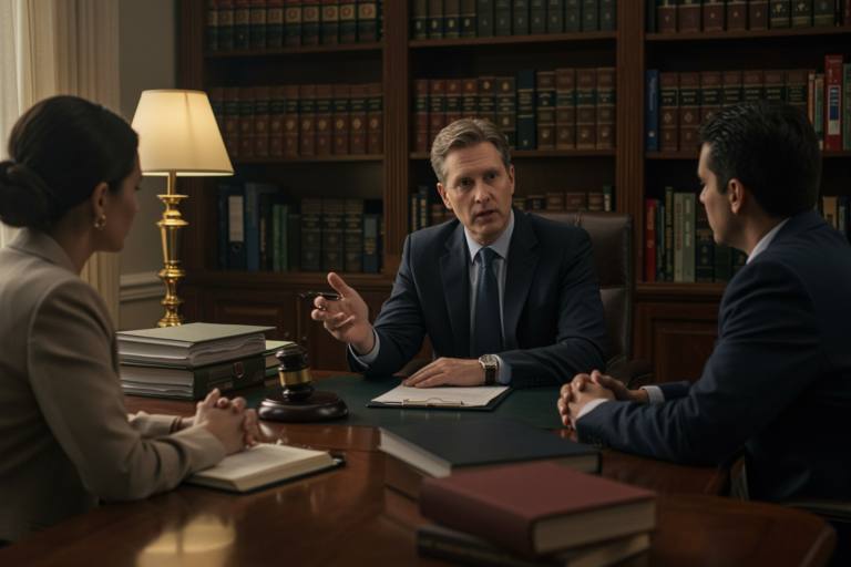 "Abogado blanco asesorando a una pareja diversa en una oficina profesional, rodeado de documentos legales y libros, en un ambiente colaborativo y acogedor."